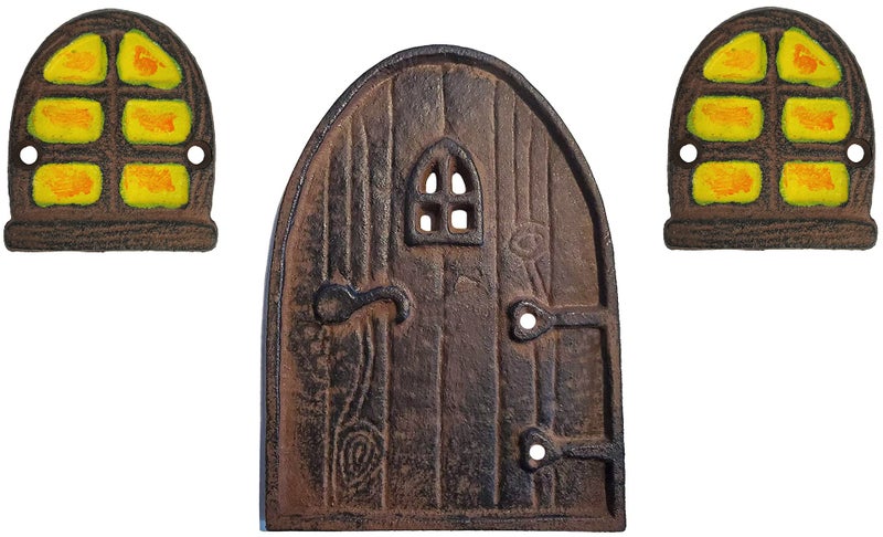 Lulu Decor, 100% Cast Iron Rustic Brown Miniature Fairy Door 5" and 2 Windows, Garden Ornament Ideal for Bottom of Trees (5 Inch - Round Top) - Image 1
